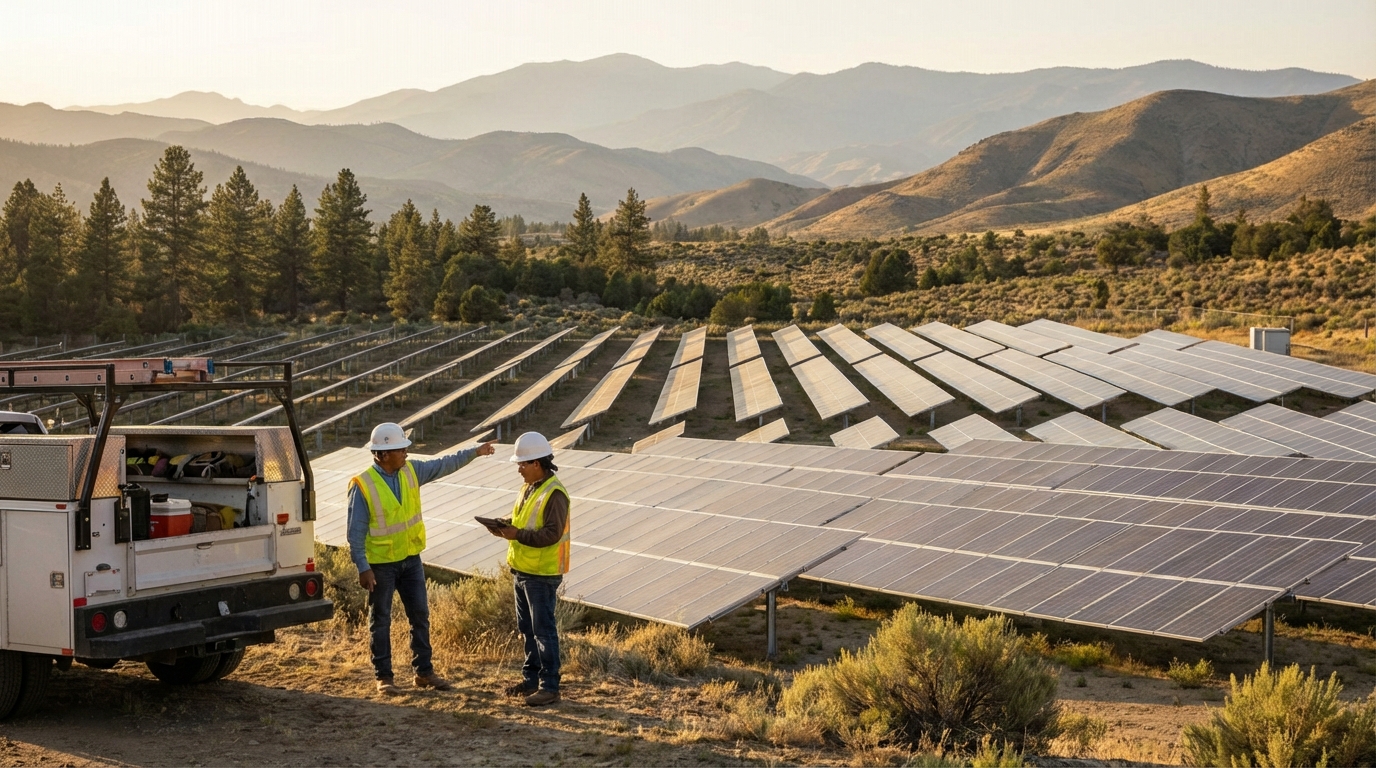 Two workers reviewing a solar panel installation on rural land at golden hour with mountains
