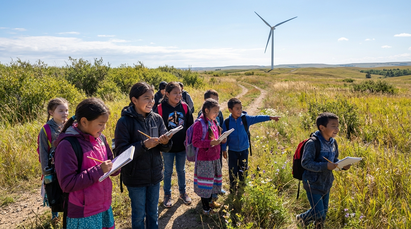 Indigenous children on a nature walk with a wind turbine in the background