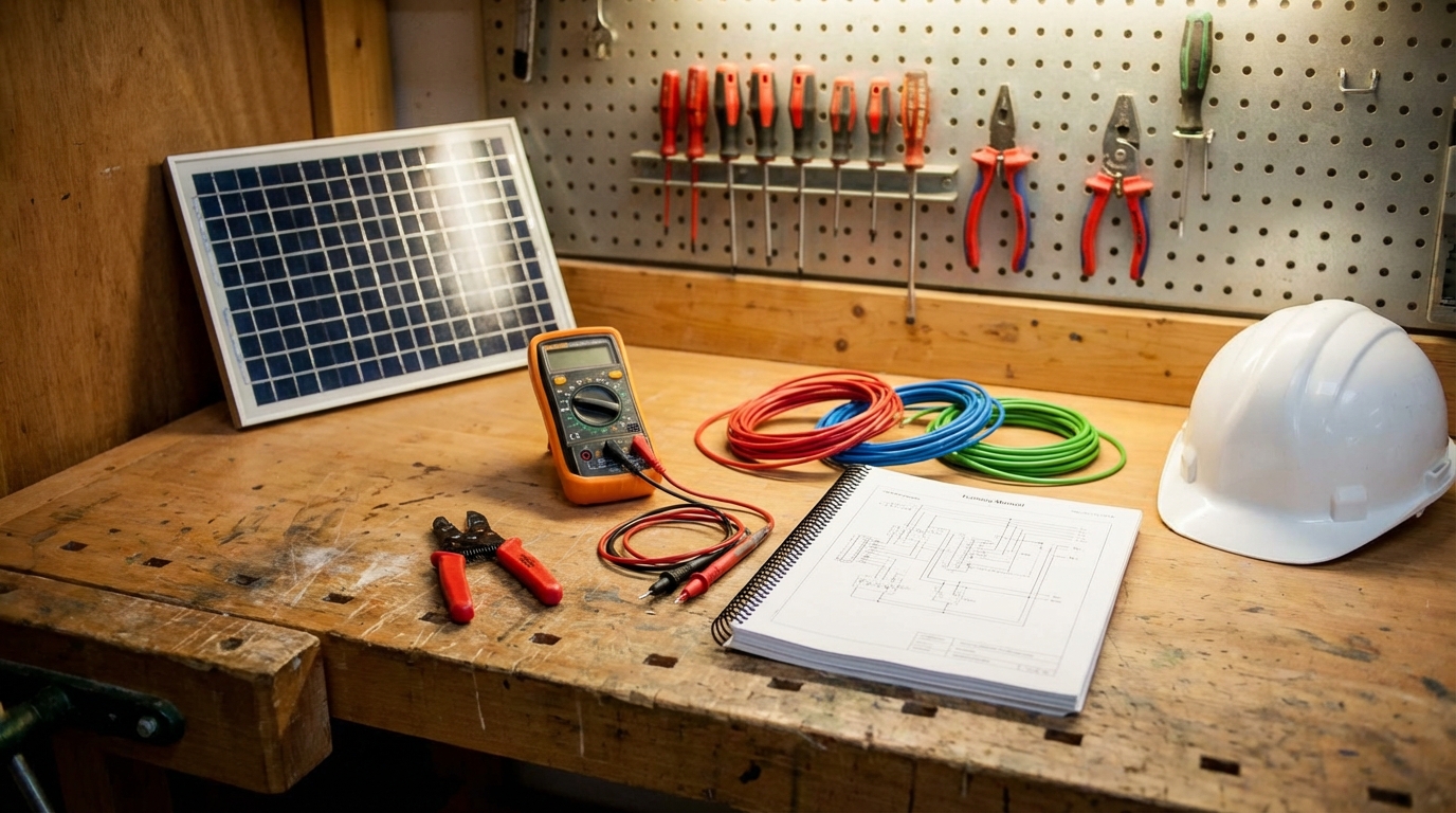 EV training workstation with solar panel, multimeter, wiring, and safety equipment