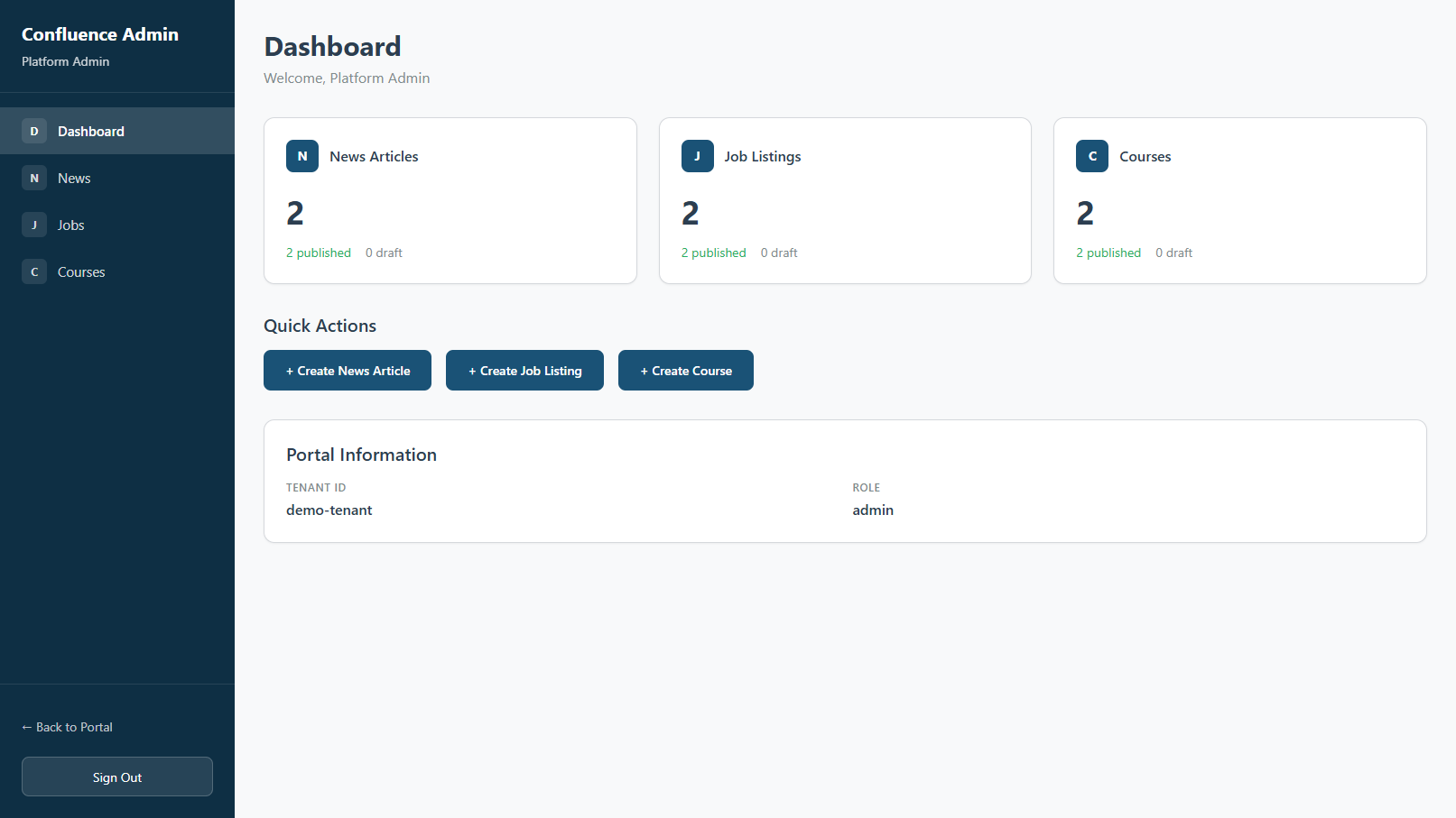 Admin dashboard for managing portal content and settings