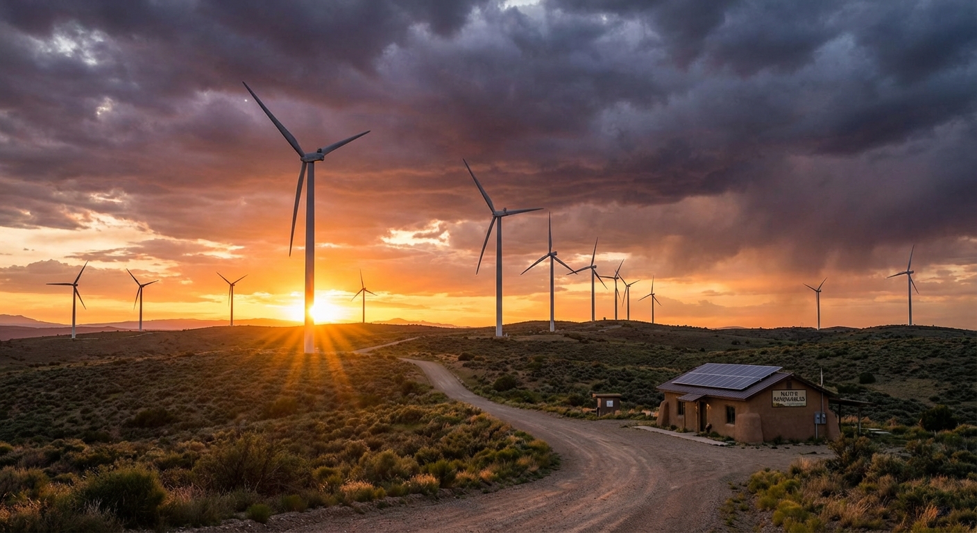 Wind turbines on tribal land at sunset with a winding road leading toward the horizon